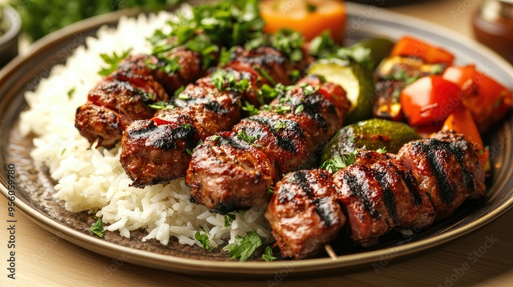 A plate of delicious Turkish kebabs served with rice, grilled vegetables, and fresh herbs. A plate of delicious Turkish kebabs served with rice, grilled vegetables, and fresh herbs.