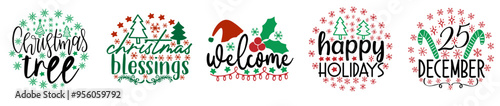 Decorative Christmas Round Sign Bundle Inscriptions, Calligraphy Collection Vector Illustration for Logo, Label, Poster