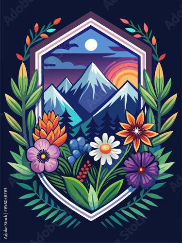 Colorful Floral Frame Enclosing Mountain Landscape with Sunset