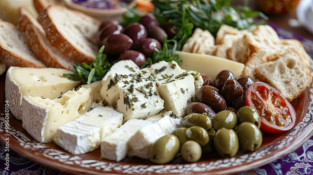 A platter of assorted Turkish cheeses, olives, and fresh bread, perfect for a traditional breakfast. A platter of assorted Turkish cheeses, olives, and fresh bread, perfect for a traditional breakfast.