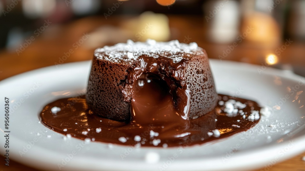 A rich chocolate lava cake with a gooey center, served on a white plate, with the warm chocolate oozing out A rich chocolate lava cake with a gooey center, served on a white plate, with the warm chocolate oozing out