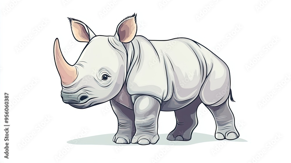 Fototapeta premium A Cartoon Illustration of a White Rhinoceros Standing on a White Background