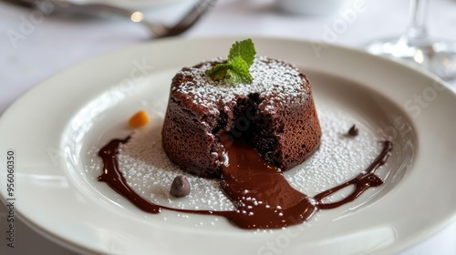 A rich chocolate lava cake with a gooey center, served on a white plate, with the warm chocolate oozing out