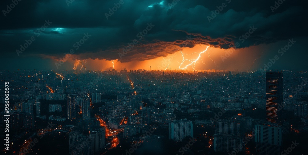 A thunderstorm over the city, with many bolts of lightning striking from the clouds. A thunderstorm over the city, with many bolts of lightning striking from the clouds.