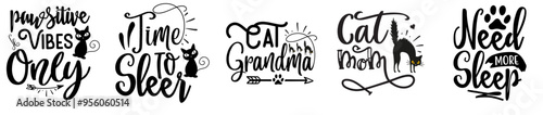 Modern Cat Quotes Bundle Typography, Invitation Set Vector Illustration for Brochure, T-Shirt Design, Printable