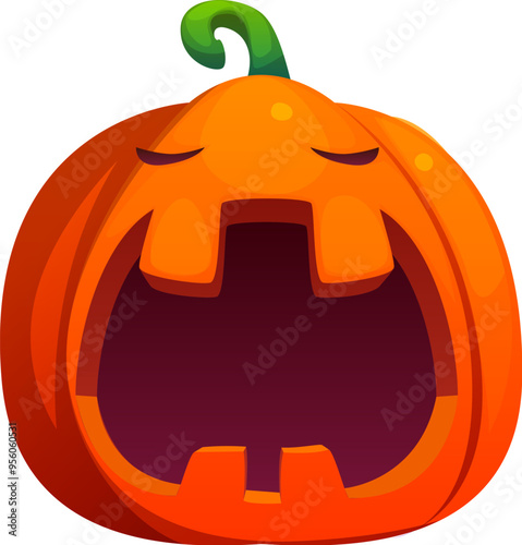 Letter O Halloween font, cartoon evil type, funny scary typeface, spooky alphabet uppercase letter jack-o-lantern pumpkin with a yawning face and green stem. Isolated vector latin abc typography gourd