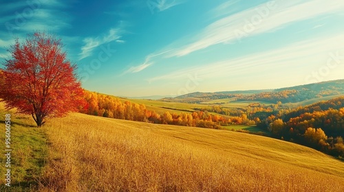 A single red tree stands out against a backdrop of golden autumn hills