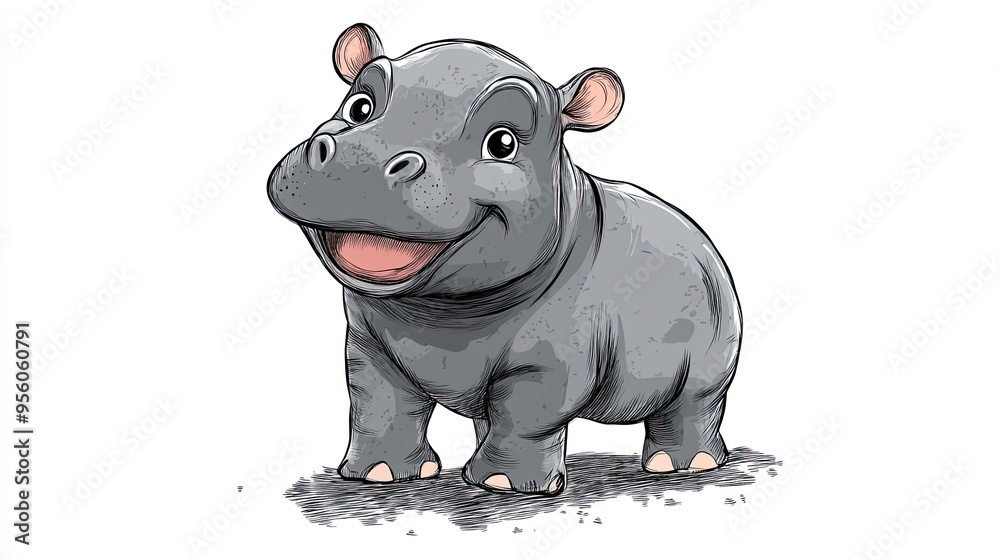 A Smiling Cartoon Baby Hippopotamus with Pink Ears A Smiling Cartoon Baby Hippopotamus with Pink Ears
