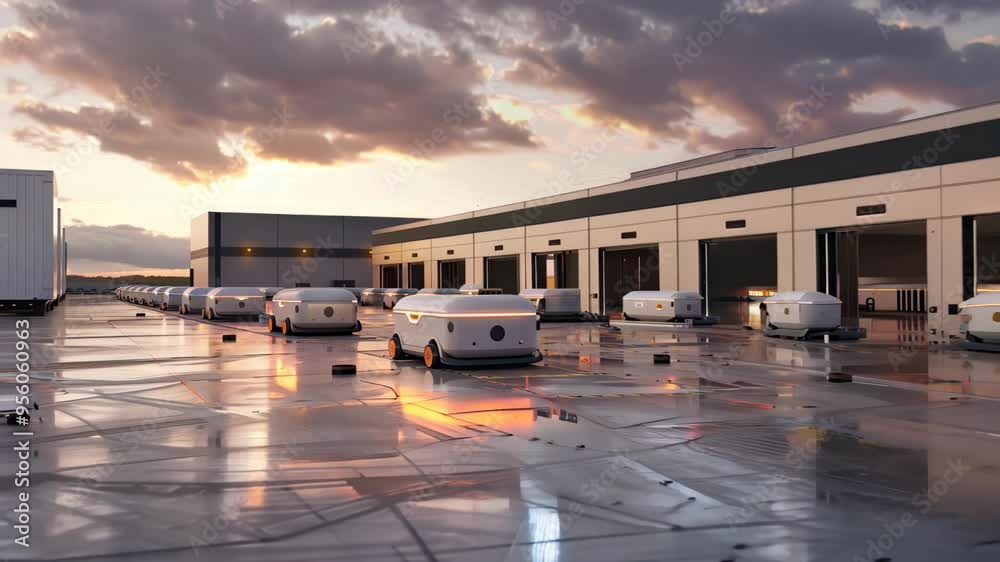 A modern logistics hub at sunset features a lineup of autonomous ...