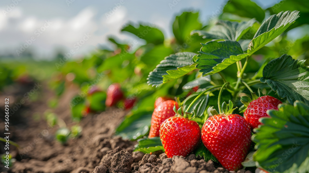 Strawberry Plants Growing in a Sunny Field - Fresh and Ripe Berries on the Farm Strawberry Plants Growing in a Sunny Field - Fresh and Ripe Berries on the Farm