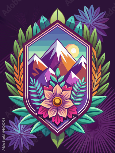Floral Frame Enclosing Mountains, Sun, and Sky