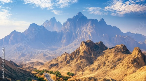 A scenic view of the Hajar Mountains in the UAE, with rugged peaks and winding roads under a clear blue sky.