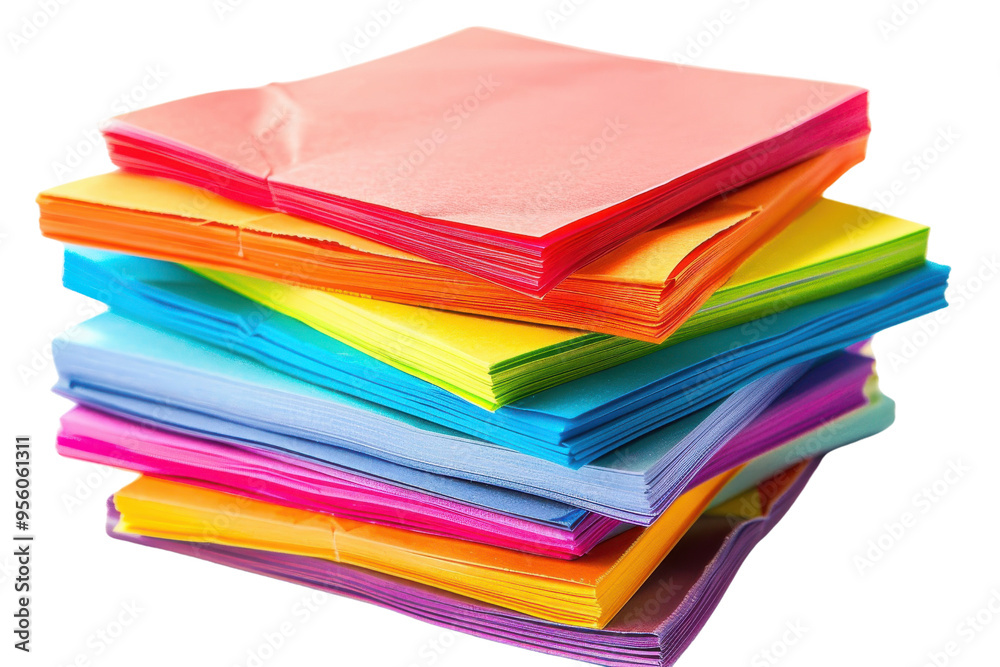 A vibrant stack of colorful paper sheets, perfect for crafts, organization, notes, or creative projects in any workspace.