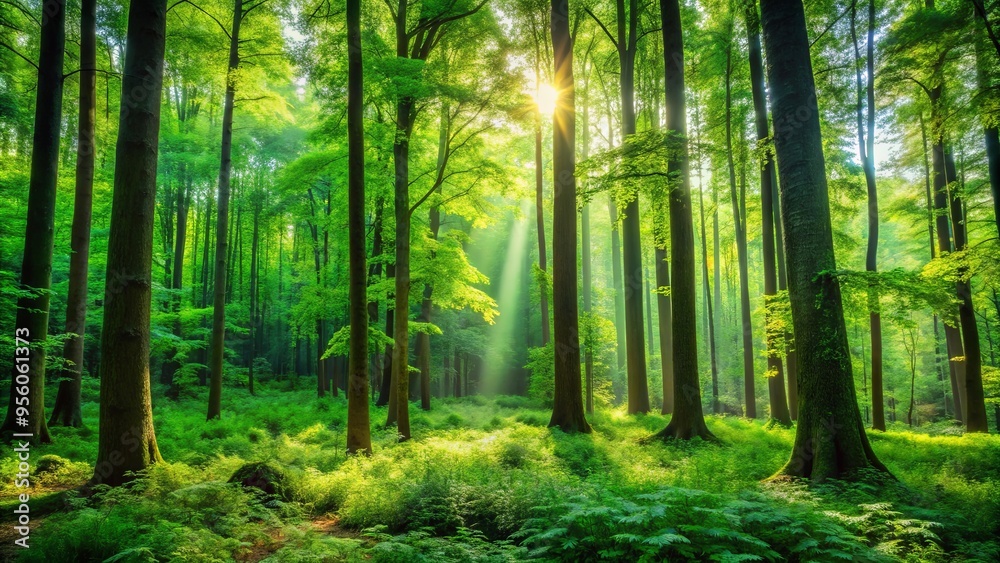 Fototapeta premium Lush green forest with tall trees, vibrant foliage, and peaceful atmosphere