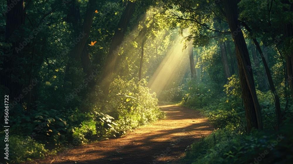 Obraz premium A serene path in a quiet forest, with the sunlight streaming through the canopy of leaves