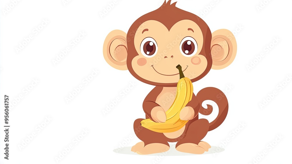 Obraz premium Cartoon Monkey Holding a Banana and Smiling