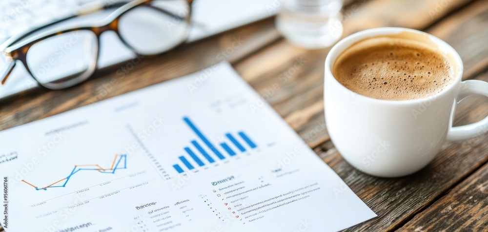 Business plan blueprint on a wooden desk with coffee and glasses, strategic planning concept Business plan blueprint on a wooden desk with coffee and glasses, strategic planning concept