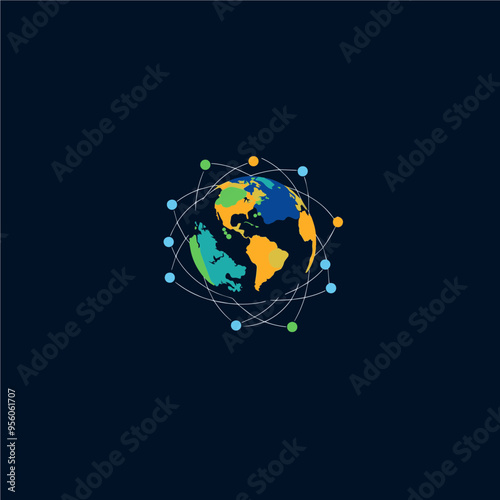 Minimalist earth icon with orbital network lines, representing global connections and digital interaction for modern web use.