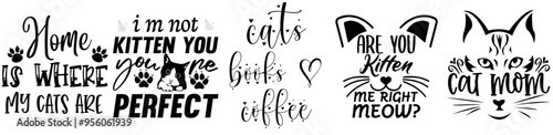 Colourful Cat Design Bundle Typography, Calligraphic Lettering Pack Vector Illustration for Wrapping Paper, Bookmark, Mug Design