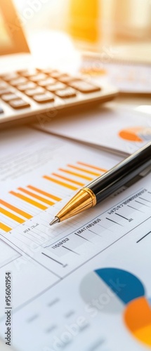 Business plan documents with financial projections and a calculator, focus on profitability