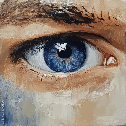 Painterly close-up of a blue eye, showcasing intricate detail and depth, evoking introspection and realism.