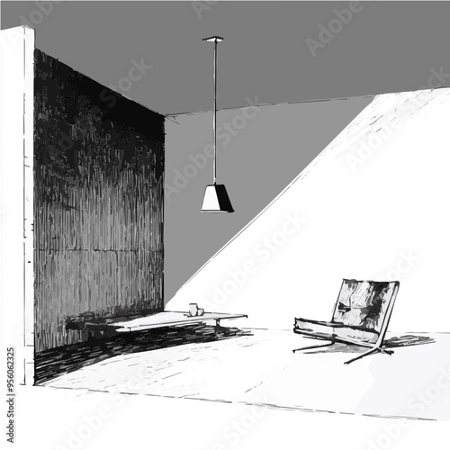 Black and white vector of a minimalist room with a chair and hanging light, modern and simplistic interior concept.