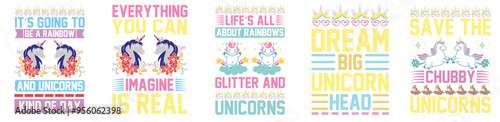 Cute Unicorn Tshirt Design Bundle Calligraphy, Calligraphic Lettering Set Vector Illustration for Printable, Wrapping Paper, Mug Design