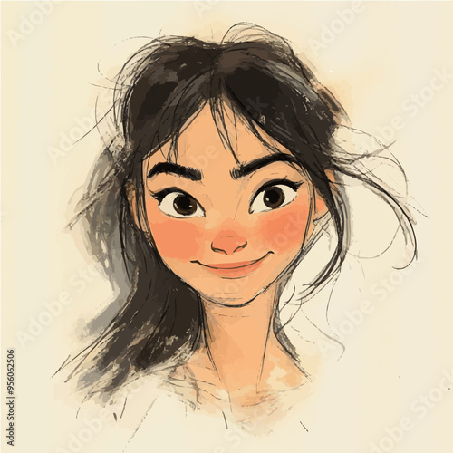 Minimalistic sketch of a girl with a playful smile, featuring loose lines and a simplistic style.