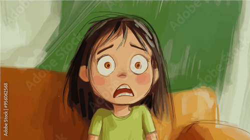 Cartoon vector of a young girl looking surprised and worried while sitting on a couch. Ideal for conveying anxiety or sudden fear in a child-friendly design.