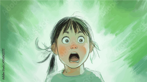 Vector illustration of a young girl with wide eyes in shock, surrounded by dynamic green energy. Perfect for illustrating surprise or amazement in any context.