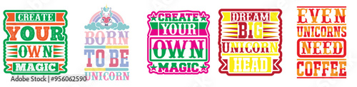 Cute Unicorn Tshirt Design Bundle Typography, Phrases Pack Vector Illustration for Logo, Sticker, Holiday Cards