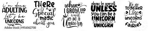 Cute Unicorn Bundle Typographic Emblems, Inscriptions Collection Vector Illustration for Gift Card, Book Cover, Greeting Card