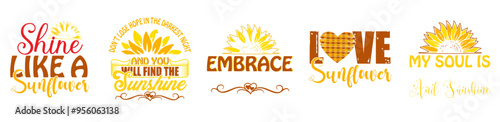 Colourful Sunflower Tshirt Design Bundle Typographic Emblems, Inscriptions Collection Vector Illustration for Greeting Card, Stationery, Packaging
