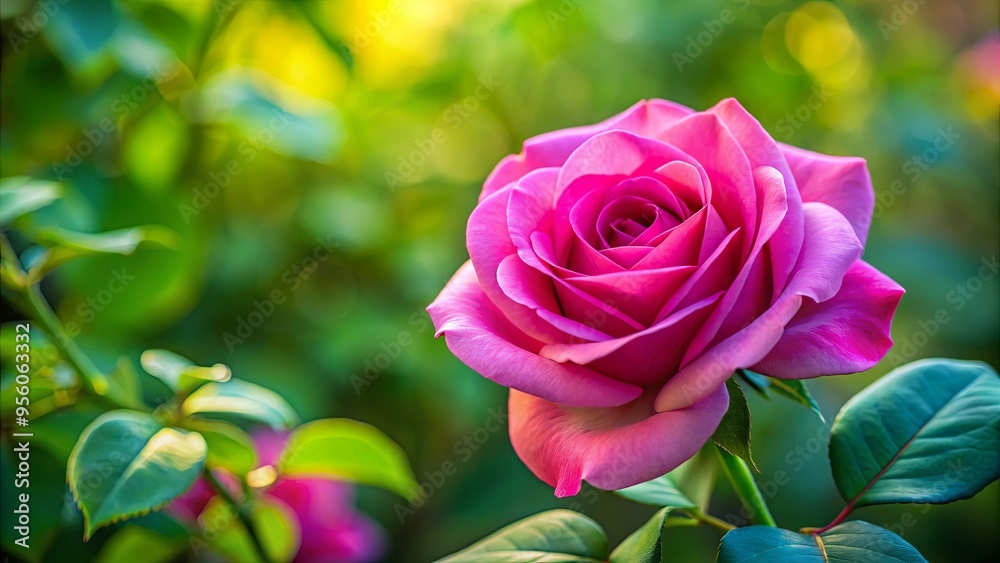 Vibrant pink rose with fresh green leaves in sharp focus