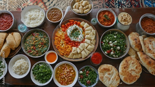 A traditional Iraqi meal laid out on a large table, with various dishes and bread