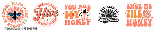 Vibrant Retro Bee Bundle Invitation, Phrases Pack Vector Illustration for Newsletter, Brochure, Greeting Card