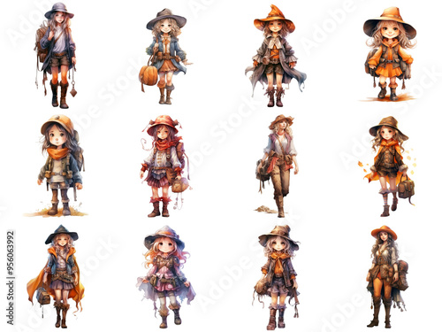 Twelve Diversely Dressed Fantasy Girls with Backpacks