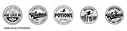 Cute Halloween Round Signs Bundle Inscriptions, Quotes Pack Vector Illustration for Magazine, Banner, Sticker