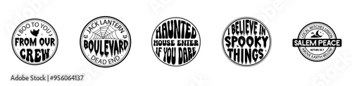 Vibrant Halloween Round Signs Bundle Typographic Emblems, Quotes Set Vector Illustration for Mug Design, Bookmark, Banner