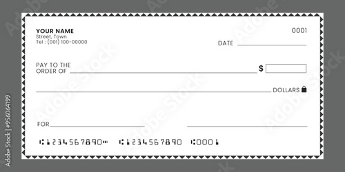 Blank bank cheque template. Check from checkbook for payment cash or voucher. Vector