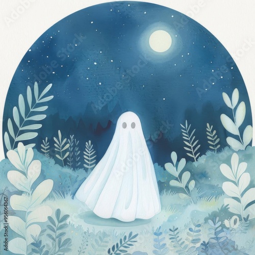 A ghost in a fairy costume, midnight enchanted forest, watercolor art, isolated on white background photo