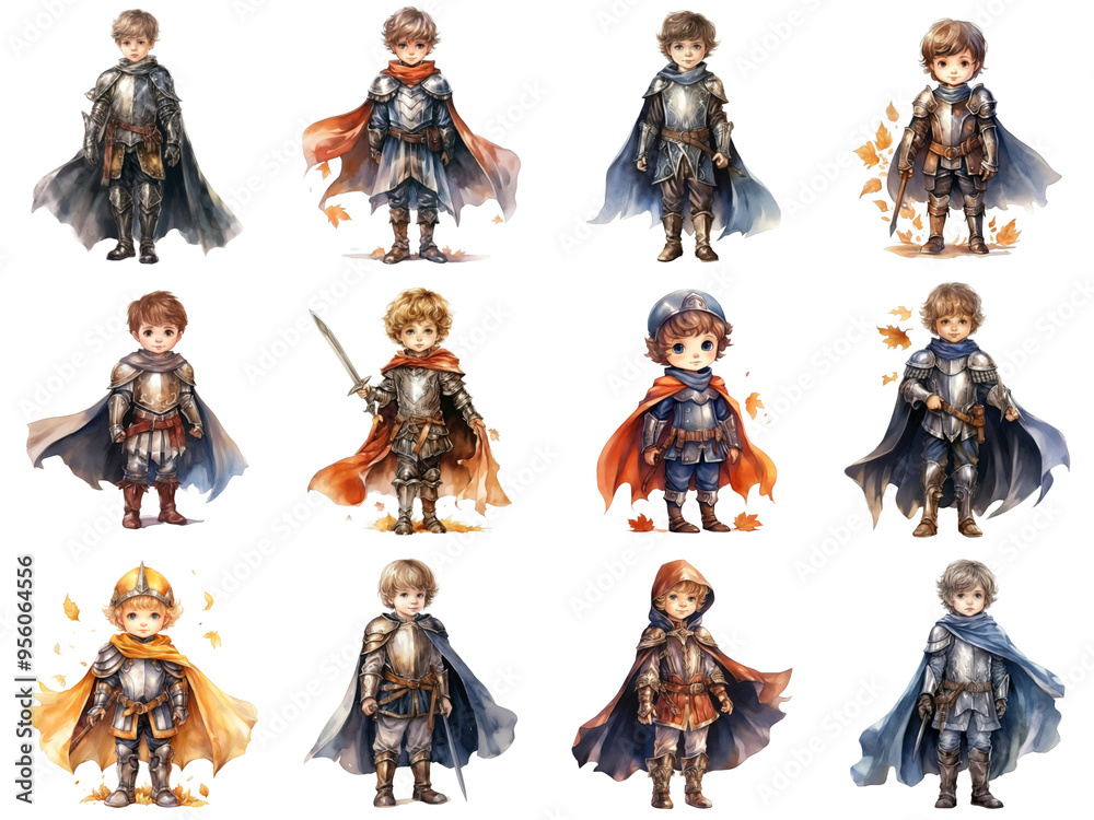 Fototapeta premium Twelve Young Knights in Various Armor and Cloaks