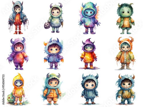 Watercolor Illustration of Adorable Children Dressed as Monsters