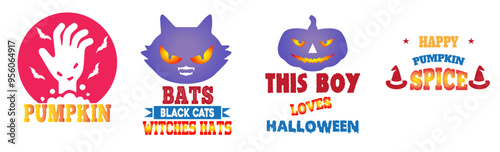 Cute Halloween Tshirt Design Bundle Calligraphic Lettering, Invitation Collection Vector Illustration for Poster, Social Media Post, Banner