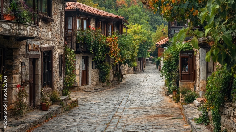 A traditional Turkish village with stone houses and cobblestone streets, surrounded by greenery. A traditional Turkish village with stone houses and cobblestone streets, surrounded by greenery.