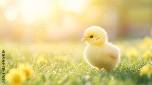 Curious Baby Chick Exploring a Sunlit Farmyard with Fresh Green Grass