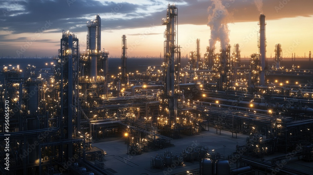 A vast natural gas processing plant at dusk, with lights illuminating towering structures and pipelines A vast natural gas processing plant at dusk, with lights illuminating towering structures and pipelines