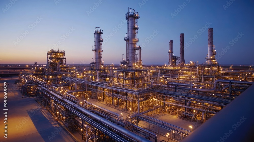A vast natural gas processing plant at dusk, with lights illuminating towering structures and pipelines A vast natural gas processing plant at dusk, with lights illuminating towering structures and pipelines