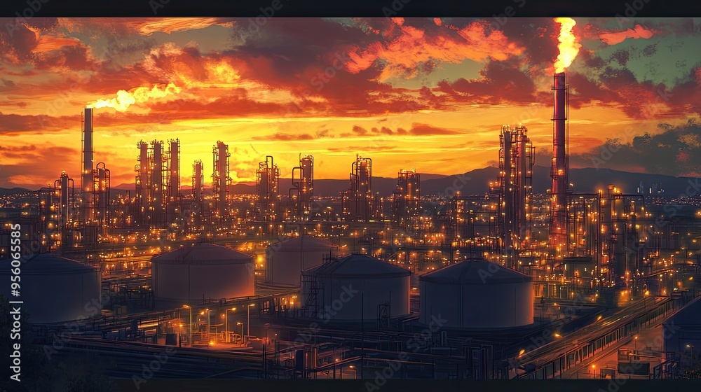 A vast oil refinery at dusk, with lights illuminating massive storage tanks and a network of pipes under a fiery sky A vast oil refinery at dusk, with lights illuminating massive storage tanks and a network of pipes under a fiery sky