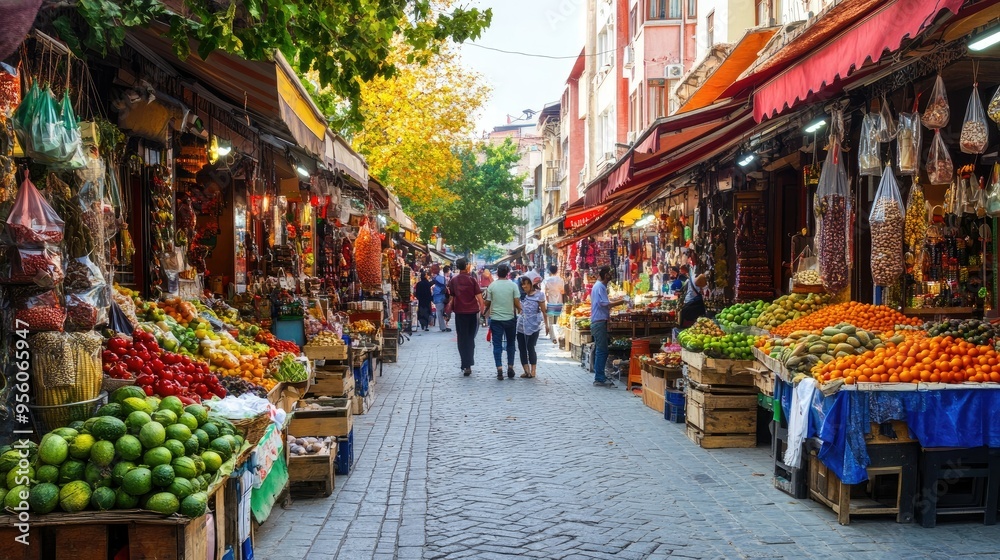 A vibrant street market in Turkey, with stalls selling fresh produce, spices, and local goods. A vibrant street market in Turkey, with stalls selling fresh produce, spices, and local goods.